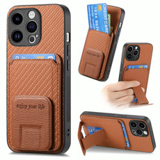 For iPhone 13 Pro Carbon Fiber Card Bag Fold Stand Phone Case(Brown)