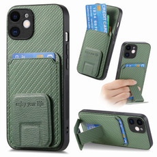 For iPhone 12 Carbon Fiber Card Bag Fold Stand Phone Case(Green)