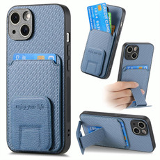 For iPhone 15 Plus Carbon Fiber Card Bag Fold Stand Phone Case(Blue)