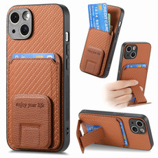 For iPhone 15 Carbon Fiber Card Bag Fold Stand Phone Case(Brown)