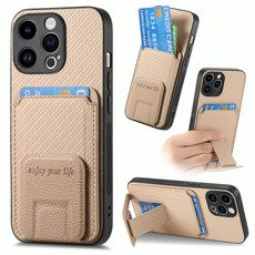 For iPhone 15 Pro Carbon Fiber Card Bag Fold Stand Phone Case(Khaki)