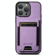 For iPhone 15 Plus Suteni H03 Litchi Leather Card Bag Stand Back Phone Case(Purple)