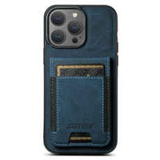 For iPhone 15 Pro Max Suteni H03 Litchi Leather Card Bag Stand Back Phone Case(Blue)