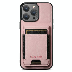 For iPhone 13 Suteni H03 Litchi Leather Card Bag Stand Back Phone Case(Pink)