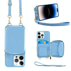 For iPhone 14 Pro Max Multifunctional Zipper Wallet RFID Phone Leather Case(Sky Blue)