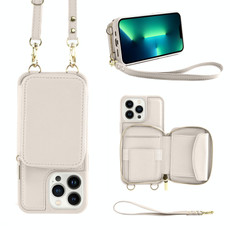 For iPhone 13 Pro Multifunctional Zipper Wallet RFID Phone Leather Case(White)