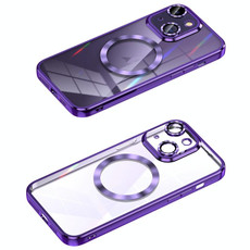 For iPhone 14 Plus MagSafe CD Texture Metal Lens Frame Full Coverage Phone Case(Purple)