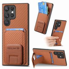 For Samsung Galaxy S20 Ultra Carbon Fiber Card Bag Fold Stand Phone Case(Brown)