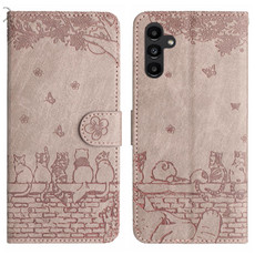 For Samsung Galaxy A35 Cat Embossing Pattern Leather Phone Case with Lanyard(Grey)