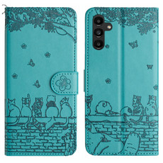 For Samsung Galaxy A35 Cat Embossing Pattern Leather Phone Case with Lanyard(Blue)