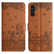 For Samsung Galaxy A35 Cat Embossing Pattern Leather Phone Case with Lanyard(Brown)