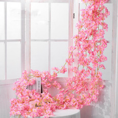 2 PCS Simulation Sakura Rattan Plastic Decorative Flower Vine, Colour: 135 Flowers Deep Pink