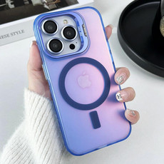 For iPhone 15 MagSafe Lens Holder PC Hybrid TPU Phone Case(Blue)