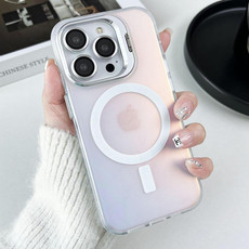 For iPhone 14 Plus MagSafe Lens Holder PC Hybrid TPU Phone Case(White)