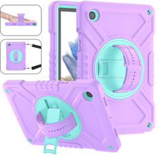 For Samsung Galaxy Tab A8 X200 X Rotation PC Hybrid Silicone Tablet Case with Strap(Purple Cyan)