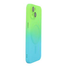 For iPhone 14 Plus ENKAY Hat-Prince MagSafe Rainbow Gradient Silicone Phone Case with Lens Film(Green Blue)
