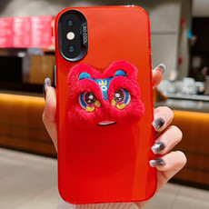 For iPhone XS Max New Year Lion Dance Plush Doll Phone Case(Red Back Red Lion)