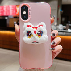 For iPhone X / XS New Year Lion Dance Plush Doll Phone Case(Pink Back White Lion)