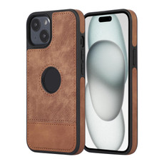 For iPhone 15 Splicing Sewing Hollow Cutout PU Phone Case(Brown)