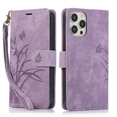 For iPhone 13 Pro Max Orchid Butterfly Embossed Leather Phone Case(Purple)