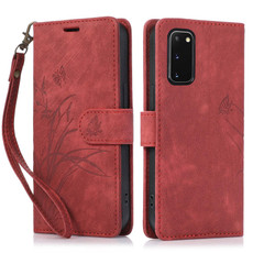 For Samsung Galaxy S20+ Orchid Butterfly Embossed Leather Phone Case(Red)