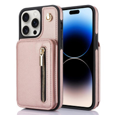 For iPhone 14 Pro YM006 Skin Feel Zipper Card Bag Phone Case with Dual Lanyard(Rose Gold)