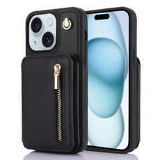 For iPhone 15 YM006 Skin Feel Zipper Card Bag Phone Case with Dual Lanyard(Black)