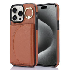 For iPhone 15 Pro YM006 Ring Holder Card Bag Skin Feel Phone Case(Brown)