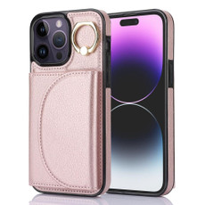For iPhone 14 Pro YM006 Ring Holder Card Bag Skin Feel Phone Case(Rose Gold)