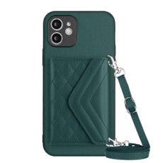 For iPhone 12 mini Rhombic Texture Card Bag RFID Phone Case with Long Lanyard(Green)