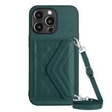 For iPhone 13 Pro Rhombic Texture Card Bag RFID Phone Case with Long Lanyard(Green)