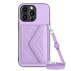 For iPhone 13 Pro Max Rhombic Texture Card Bag RFID Phone Case with Long Lanyard(Light Purple)