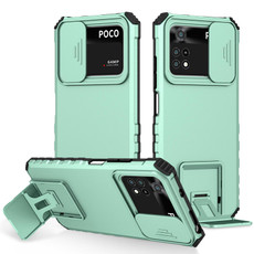For Xiaomi Poco M4 Pro 4G Stereoscopic Holder Sliding Camshield Phone Case(Light Blue)