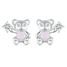 SCE1720 S925 Sterling Silver Platinum Plated Cute Bear Opal Earrings