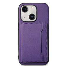 For iPhone 15 Plus Calf Texture Card Bag Design Full Coverage Phone Case(Purple)