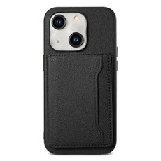 For iPhone 15 Plus Calf Texture Card Bag Design Full Coverage Phone Case(Black)