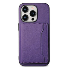 For iPhone 14 Pro Calf Texture Card Bag Design Full Coverage Phone Case(Purple)