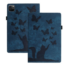 For iPad Pro 12.9 2022 / 2021 / 2020 Butterfly Cat Embossing Leather Tablet Case(Dark Blue)