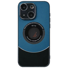 For iPhone 14 Contrast Color Logo Display Magnetic Phone Case(Blue Black)