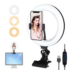 PULUZ 7.9 inch 20cm Ring Selfie Light + Monitor Clip 3 Modes USB Dimmable Dual Color Temperature LED Curved Vlogging Photography Video Lights Kits with Phone Clamp(Black)