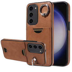 For Samsung Galaxy S23 5G Calf Texture Card Slot Ring Holder Phone Case(Brown) For Samsung Galaxy S23 5G Calf Texture Card Slot Ring Holder Phone Case(Brown)