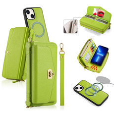 For iPhone 13 MagSafe Crossbody Multi-functional Zipper Wallet Litchi Leather Phone Case(Green)