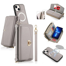 For iPhone 13 MagSafe Crossbody Multi-functional Zipper Wallet Litchi Leather Phone Case(Grey)