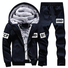 2 in 1 Winter Letter Pattern Plus Velvet Thick Hooded Jacket + Trousers Casual Sports Set for Men (Color:Dark Blue Size:XXXXL)