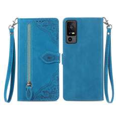 For TCL 40 XE Embossed Flower Zipper Leather Phone Case(Blue)