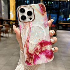 For iPhone 15 Pro IMD Marble Acrylic Hybrid TPU Plating MagSafe Phone Case(Rose Red)