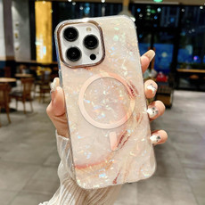 For iPhone 15 Pro IMD Marble Acrylic Hybrid TPU Plating MagSafe Phone Case(Pink)