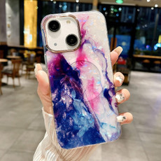 For iPhone 13 IMD Marble Acrylic Hybrid TPU Plating MagSafe Phone Case(Purple)