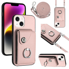 For iPhone 15 Organ Card Bag Ring Holder Phone Case with Long Lanyard(Pink)