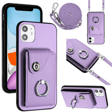 For iPhone 12 mini Organ Card Bag Ring Holder Phone Case with Long Lanyard(Purple)